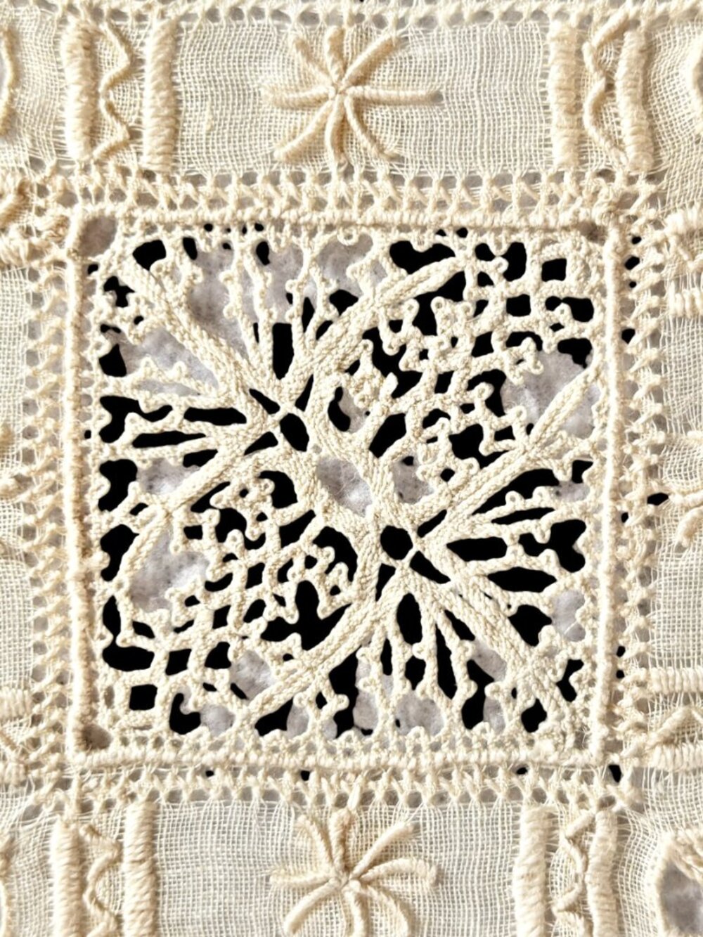 Set of 13 Matching Ecru Embroidered Tatted Napkins - Picture 4 of 8